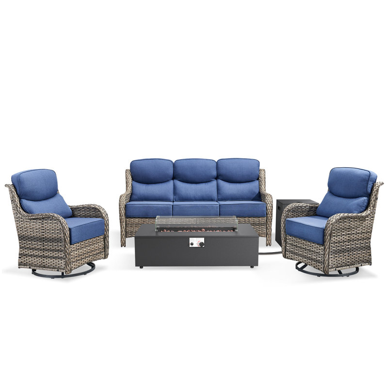 Bruner 4-Piece Wicker Rattan Patio Fire Pit Table Conversation Set With Swivel Gliders