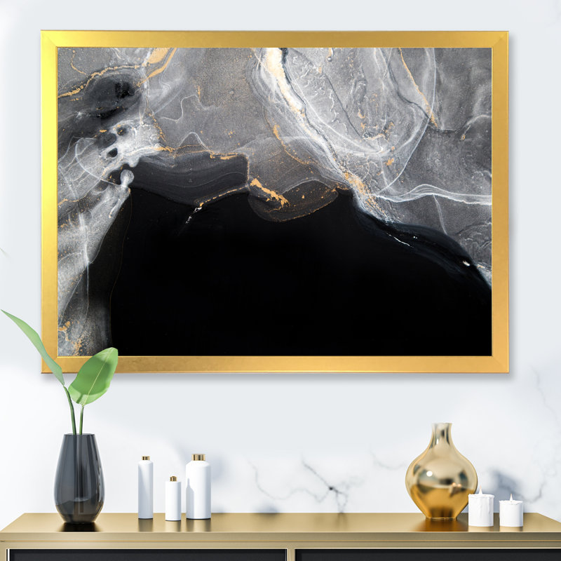 Marbre noir et gris Gloden, ondulations d'art II - œuvre d'art moderne sur toile, H 24 po x l 36 po x P 1 po