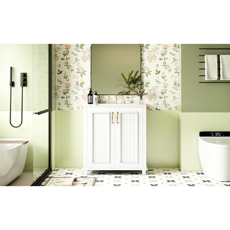 Meuble-lavabo de 30 pouces avec lavabo en céramique, tiroir caché, solution de rangement polyvalente, tableau de haute qualité, charnière de porte, style pastoral, armoire autoportante facile à assembler, espace généreux,