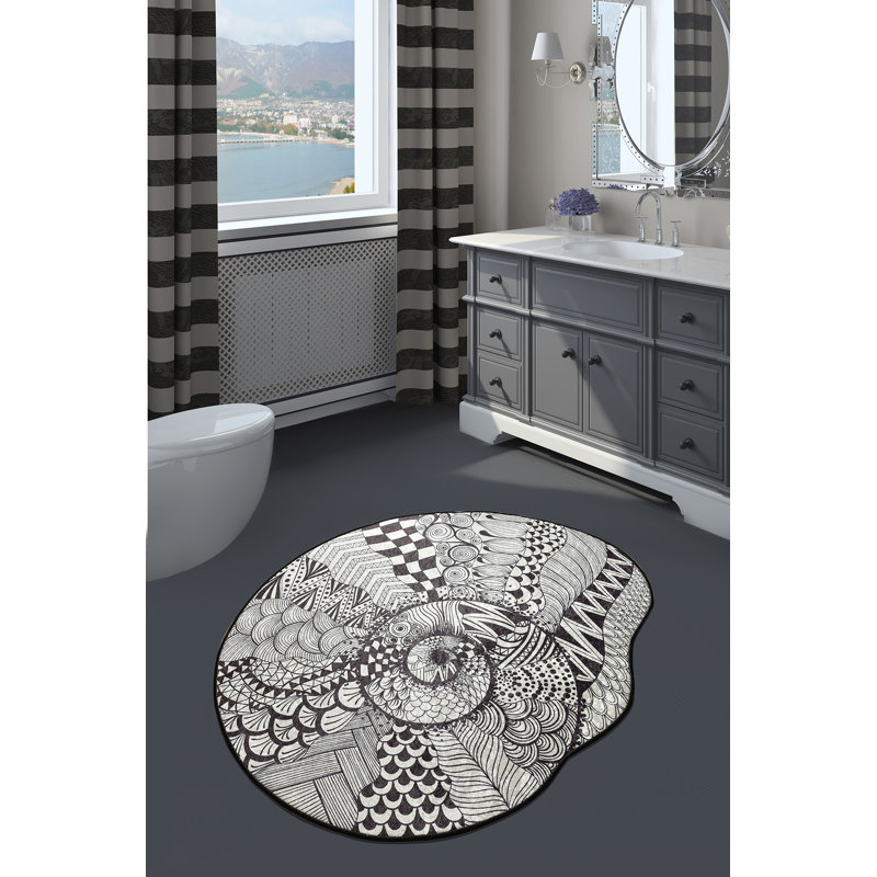 Premium Non-Slip Bathmat, 47.2 Inches Diameter, Black & White | 100% Polyester, Antiallergic, Dust & Stain Repellent | 700 GSM for Ultimate Comfort | Machine Washable & Easy Care | Perfect for Modern Bathrooms