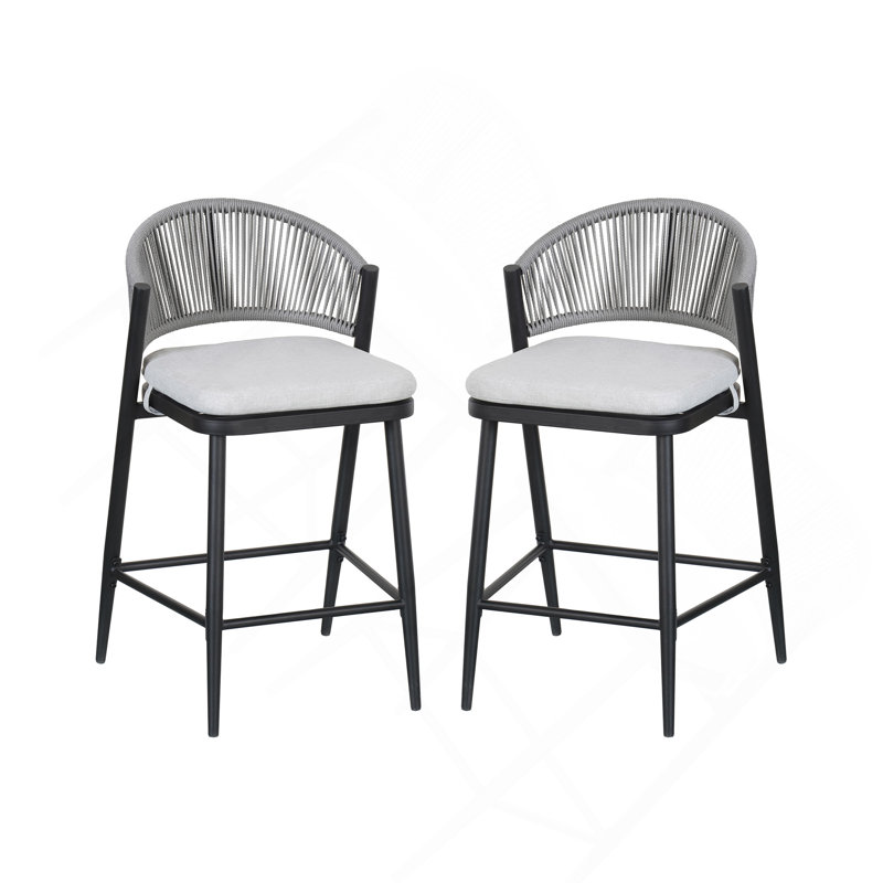 Tabouret de patio Eisen, Coussin gris clair / structure en fer noir mat, Tabouret de comptoir (siège d'une hauteur de 26 p, 2