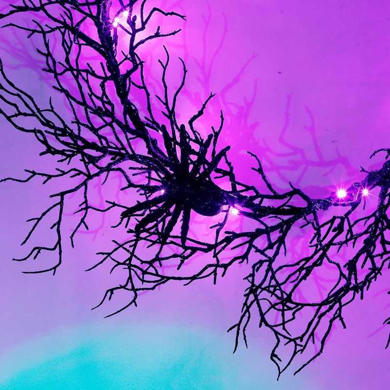 Halloween 24 Inch Black Spider Artificial Wreath With Purple Lights, Spooky Front Door Decorations For Indoor Outdoor Holiday Party