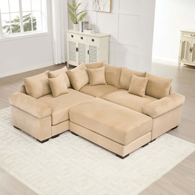 Modern 3 Seaterconvertible Oversized Cloud Corduroy Modular Sectional Sofa With 1 Ottoman & 10 Throw Pillows For Living Room, Apaetments