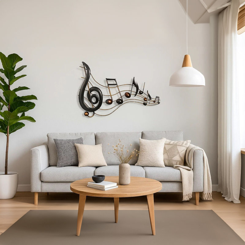 26 Inch Handmade Metal Wall Mount Accent Decor with Musical Notes and Treble Clef, Black, Red