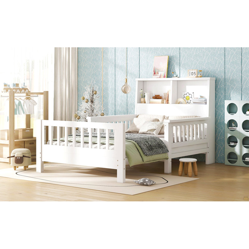 Lit plateforme simple avec tête de lit, conception escamotable, rails de sécurité de haute qualité, Blanc