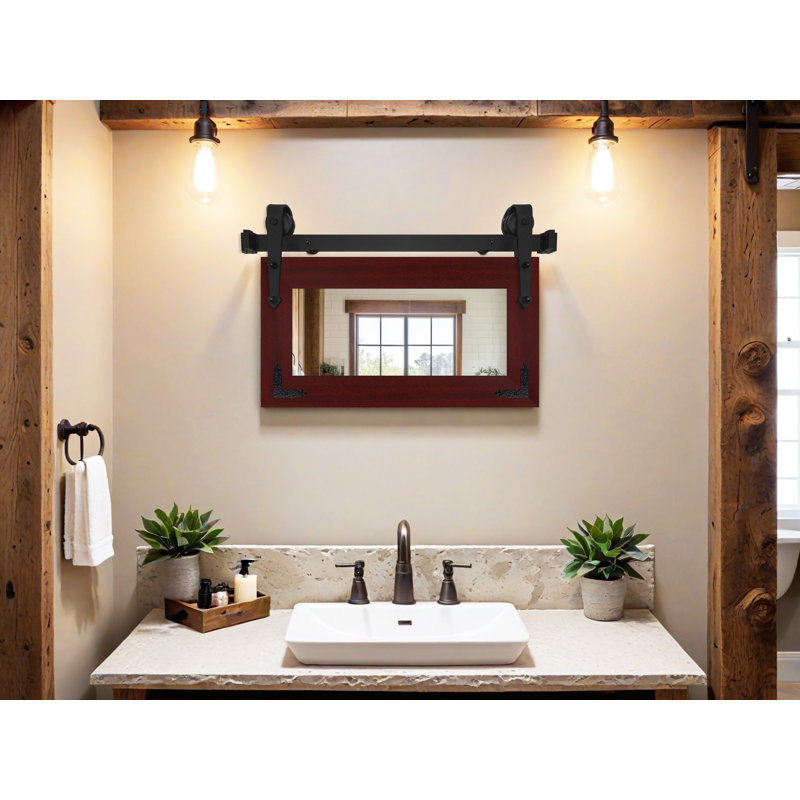 Miroir rustique moderne avec rail de porte de grange en acier et supports de coin décoratifs en métal, 22x33, Acajou foncé