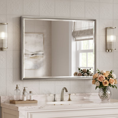 Double Beveled Bathroom Vanity Mirror, Tempered Glass Wall Mirror with Light-Catching Edges and Rust-Resistant Aluminum Frame for Over Sink