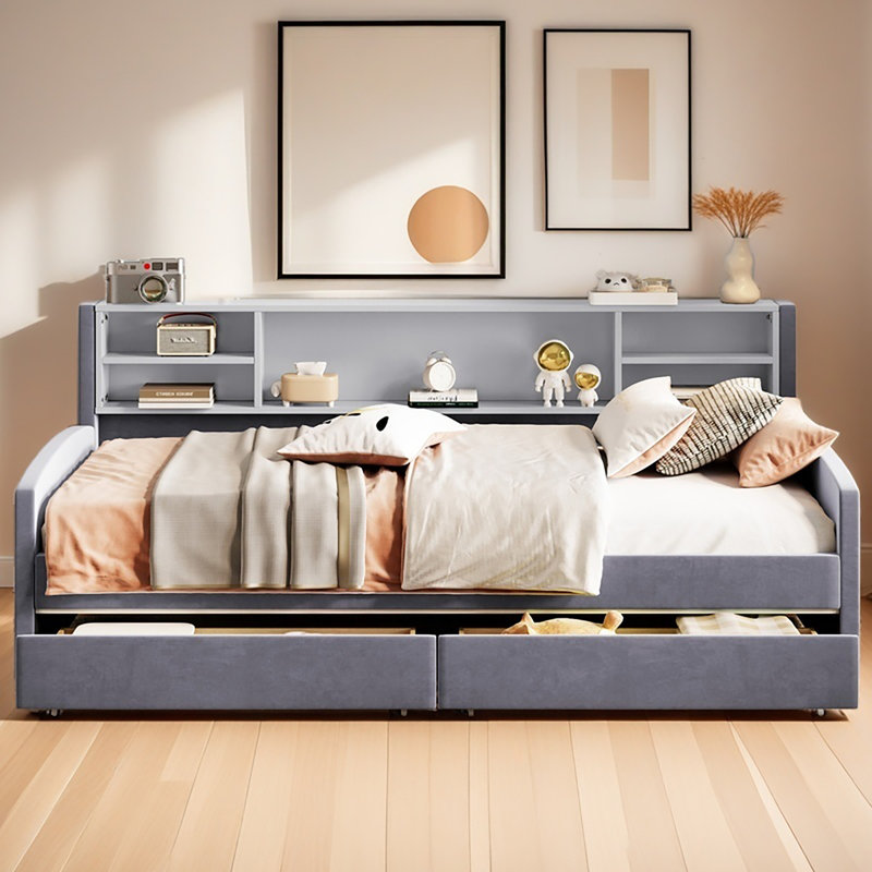 Lit plateforme simple tapissier avec rangement et tiroirs, Gris