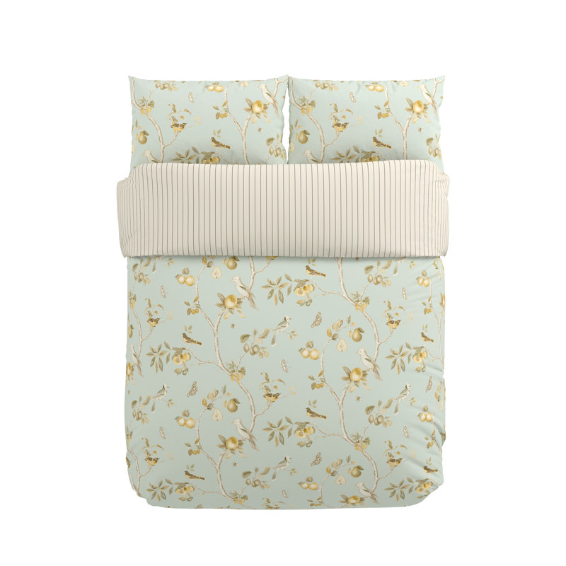 Fruit Aviary Cotton Floral Duvet Cover Set, Single Duvet Cover Set + 1 Pillowcase, Sage