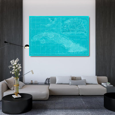 Toile tendue avec châssis Rosecliff Heights Vision Studio, titre: Carte de Cuba en turquoise