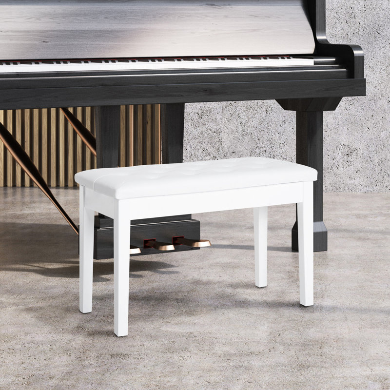 Piano Bench In White, Faux Leather Padded And Wooden Framed For Duets Use Performances Featuring Cushion Solid Frame
