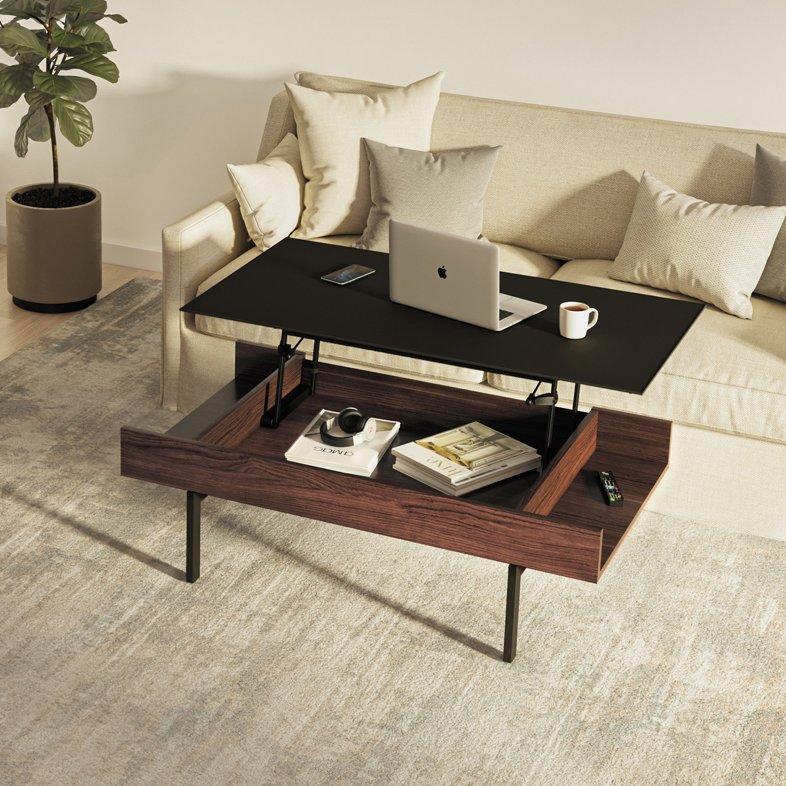 Reveal Single Coffee Table with Storage, Chocolate Stained Walnut