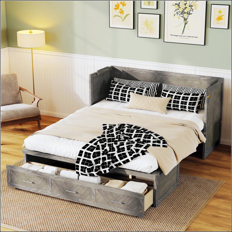 Grand lit escamotable, armoire en bois de pin avec station de charge USB et panneau de décoration géométrique, gris