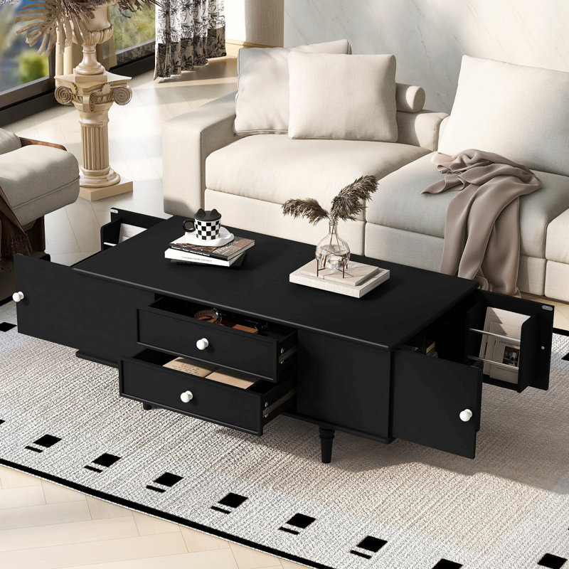 Table basse moderne 47,2 po avec quatre tiroirs et deux compartiments de rangement cachés latéraux, Noir