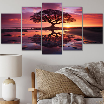  «Pink Tree Enchanted Twilight II - Landscape Trees Wall Art Living Room - 5 Panels