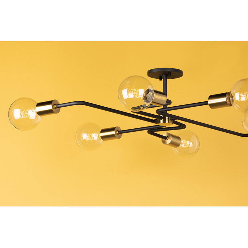 Plafonnier semi-encastré 6 lumières Jena, Laiton vieilli / noir texturé, H 10,25 po x l 40 po x P 40 po