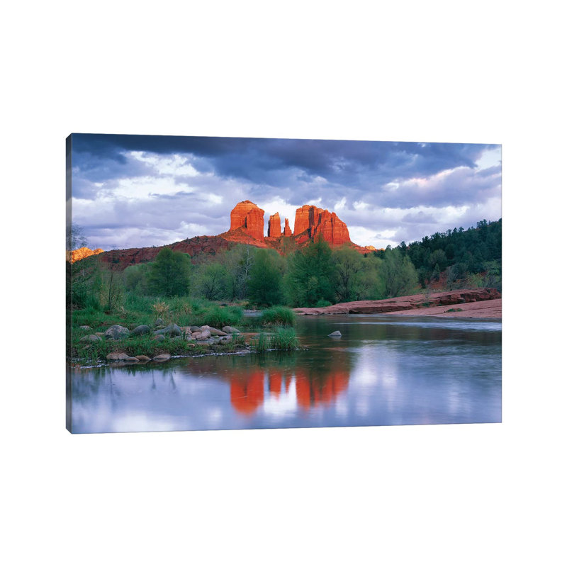 Cathedral Rock Reflected In Oak Creek At Red Rock Crossing With Gathering Rain Clouds, Red Rock State Park Near Sedona, Arizona by Tim Fitzharris - Wrapped Canvas Print