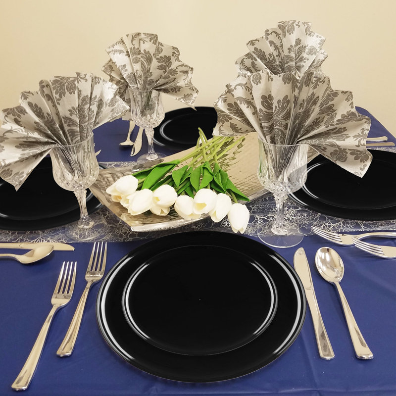 Black Flat Round Disposable Plastic Dinnerware Value Set - 120 Sets