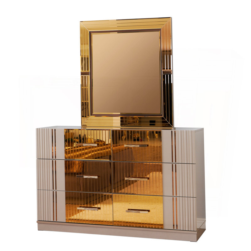Ensemble de chambre avec grand lit 4 pièces Lorenzo en bois et accents dorés gris