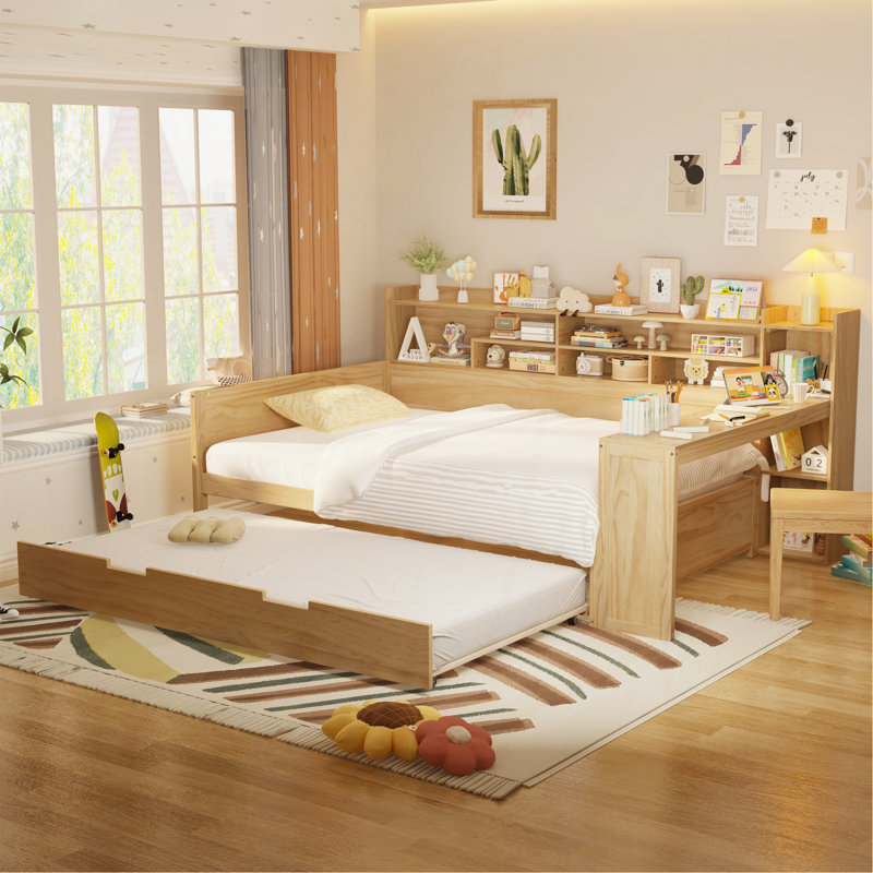 Lit de jour double en bois avec tablettes de rangement, lit multifonctionnel avec lit gigogne simple et bureau d'étude, naturel