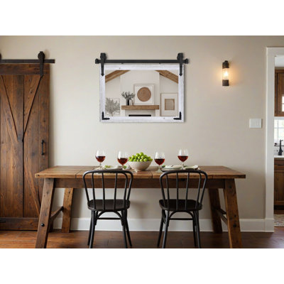 Modern Rustic Mirror with Steel Barn Door Track and Decorative Metal Corner Brackets
