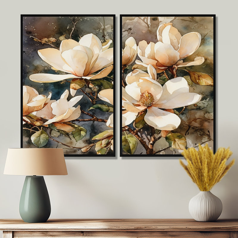 Crème Magnolia symphonique - impressions traditionnelles sur toile 2 panneaux blancs, H 36 po x l 48 po, Noir