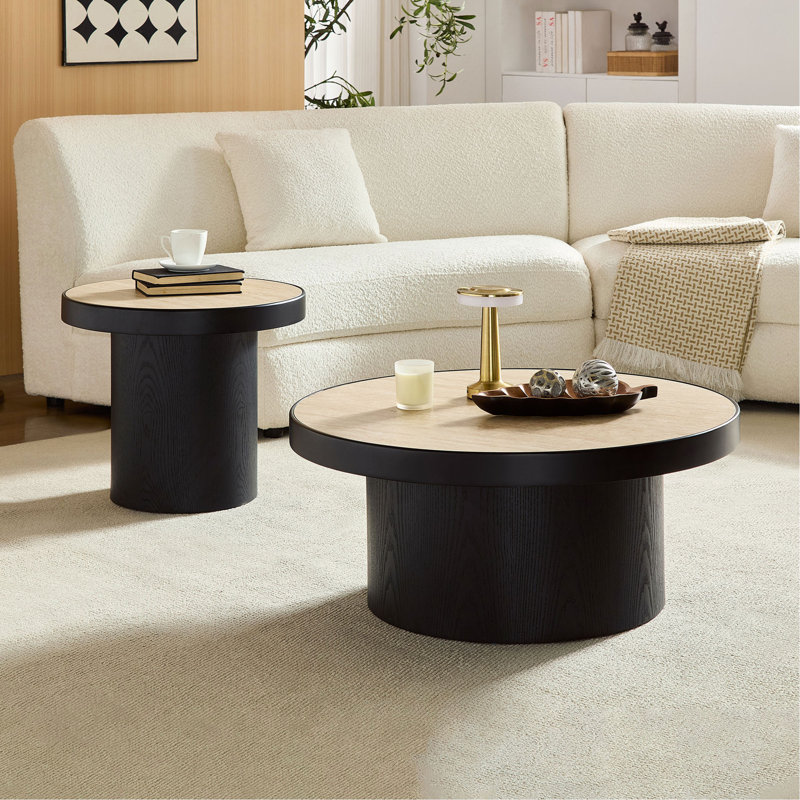 Ensemble de 2 tables basses, table basse ronde en panneau de fibres à densité moyenne en bois aggloméré pour salon, espace de loisirs