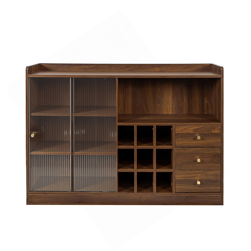 Buffet avec 2 portes coulissantes en verre rayé, armoire de rangement autoportante pour les bouteilles, le vin, etc.