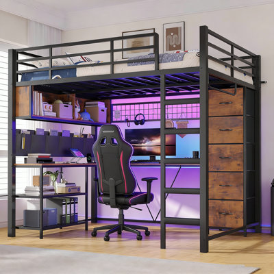 Full Size Loft Bed with L-Shaped Desk & 5 Drawers - Space Saving Loft Bed with LED Lights, Charging Station, Shelves, Clothes Rail for Home Office, Do by Latitude Run