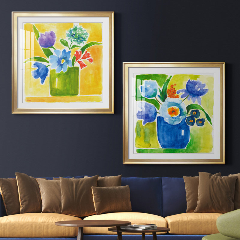 «Sunny Day Bouquet III», ensemble de 2 reproductions d'art, H 26,5 po x l 53 po x P 1,5 po, Papier encadré doré, Blanc