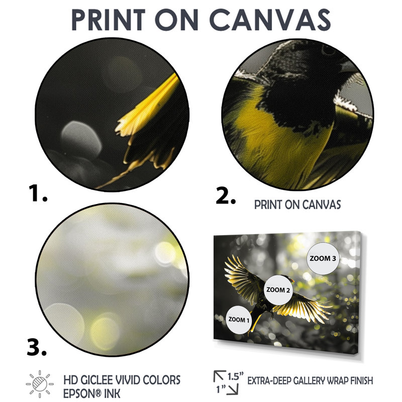 Jaune, noir, rythme de la forêt tropicale, oiseau II, Toile tendue, H 28 po x l 60 po x P 1,5 po
