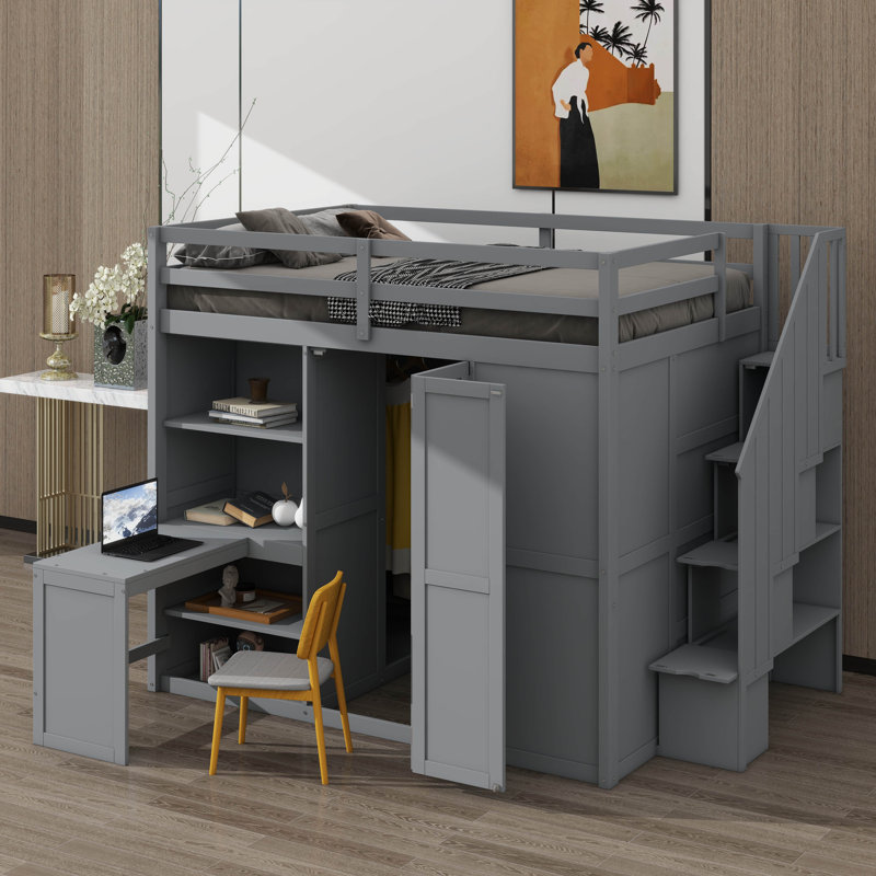 Lit mezzanine double équipé d'une armoire, d'un bureau et de plusieurs étagères, Gris