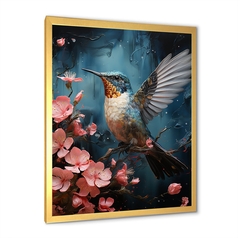 Art floral bleu colibri - Colibri, Encadrement doré, H 40 po x l 30 po x P 1,5 po