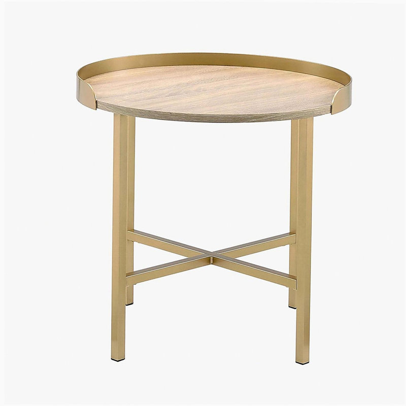 Table de bout ronde avec plateau, chêne et or