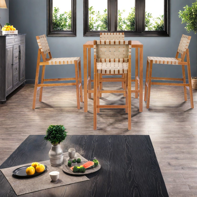 Ensembles de bar de patio modernes, corde en teck de 5 pièces en bois d'acacia pour les repas en plein air