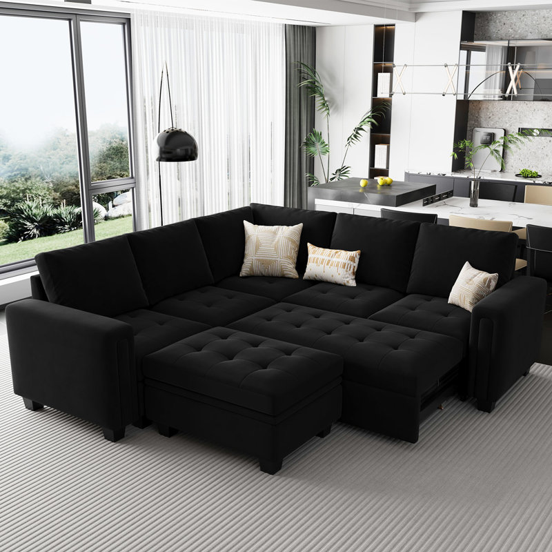 Modular Velvet Pull Out Bed With Storage Ottoman For Living Room Bedroom Apartment, Black Velvet