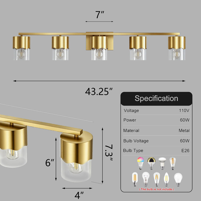 Éclairage pour meuble-lavabo en métal et verre Kailyn , Laiton poli, 5 lumières