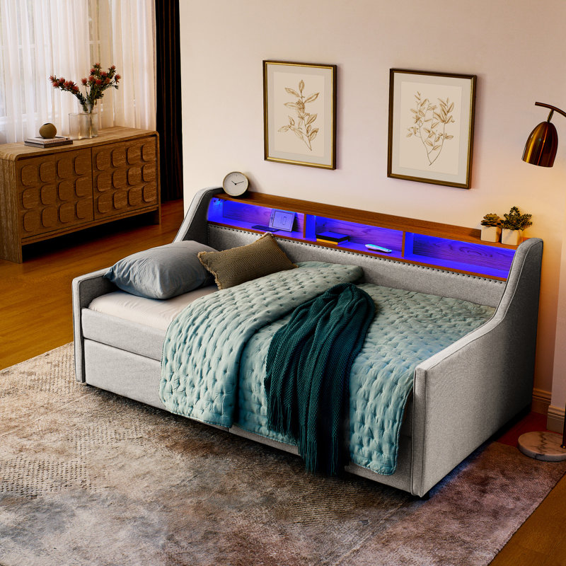 Lit simple tapissier avec lumières à DEL, chargement sans fil, 2 tiroirs de rangement, tête de lit en lin beige avec 3 rangements, réglable