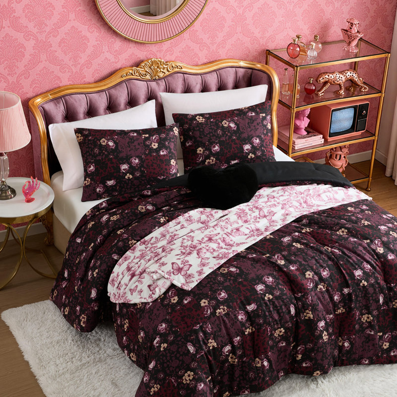 Betsey Johnson Gothic Patchwork Purple Reversible Comforter Bonus Set, King
