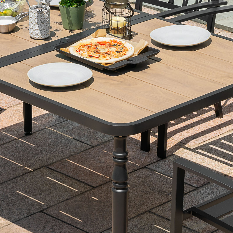 Table de salle à manger d'extérieur rectangulaire en métal thermolaqué avec trou pour parasol, Brun