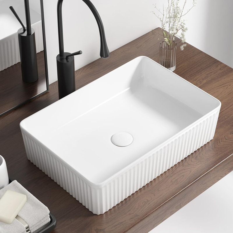 Lavabo vasque rectangulaire - 20 po x 13,6 po blanc moderne avec ensemble de drain, évier au-dessus du comptoir en céramique