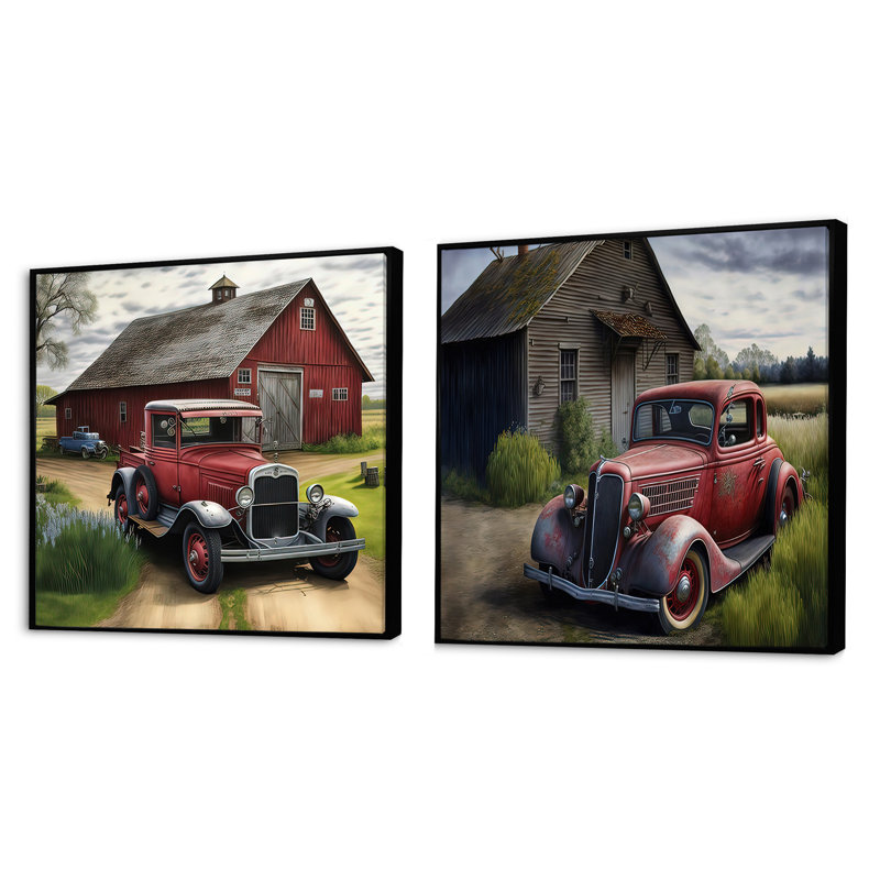 30S Ford Car In Barn I - Vintage Car Square Collage Set of 2, Cadre flottant noir, H 16 po x l 33 po