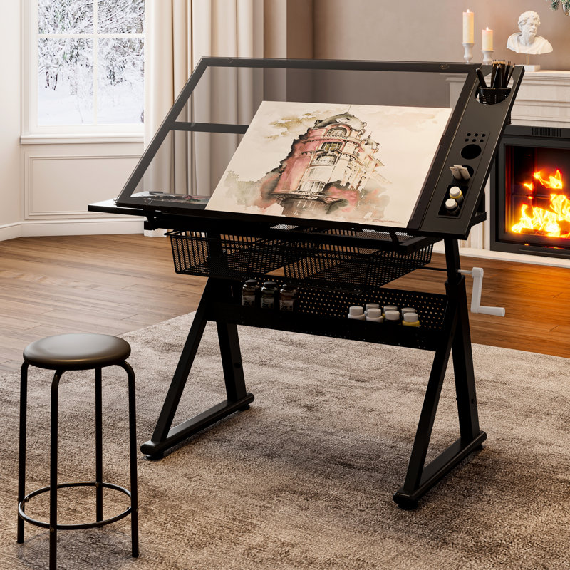 Table à dessin réglable en verre trempé avec chaise et rangement en noir - angle de 70 degrés, hauteur de 29,52 po et 37,8 po, tiroirs en métal réglables avec manivelle,