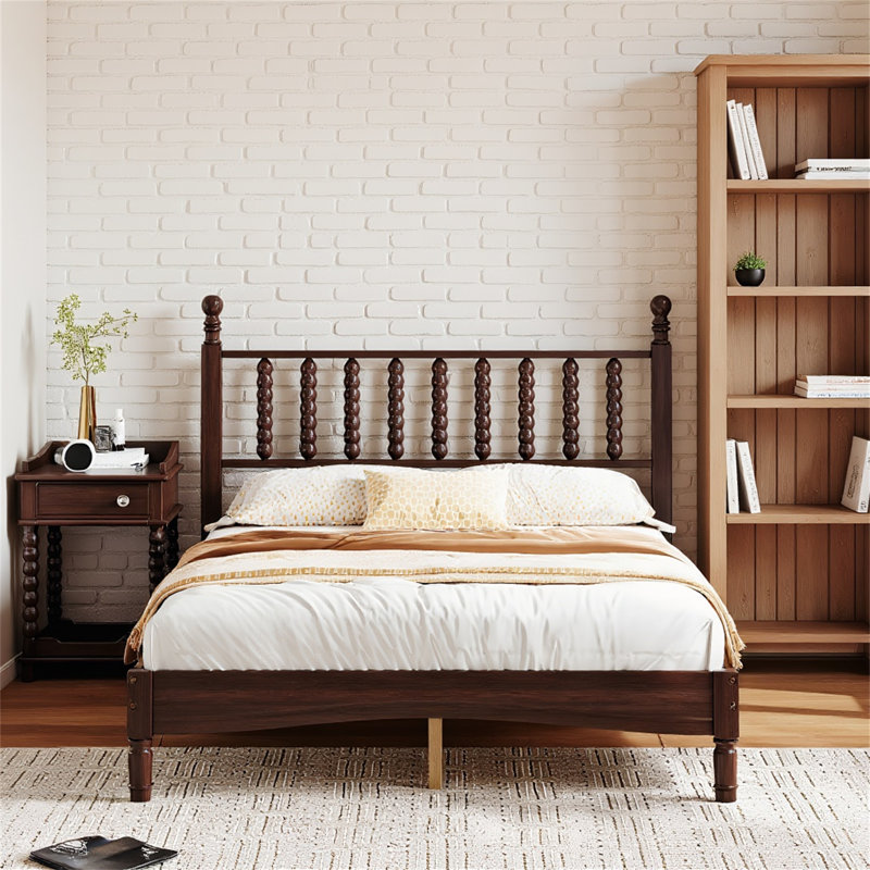 King Size Wood Platform Bed With Gourd Shaped Headboard, Retro Style And Sturdy Wooden Slat Support For Comfortable Sleep