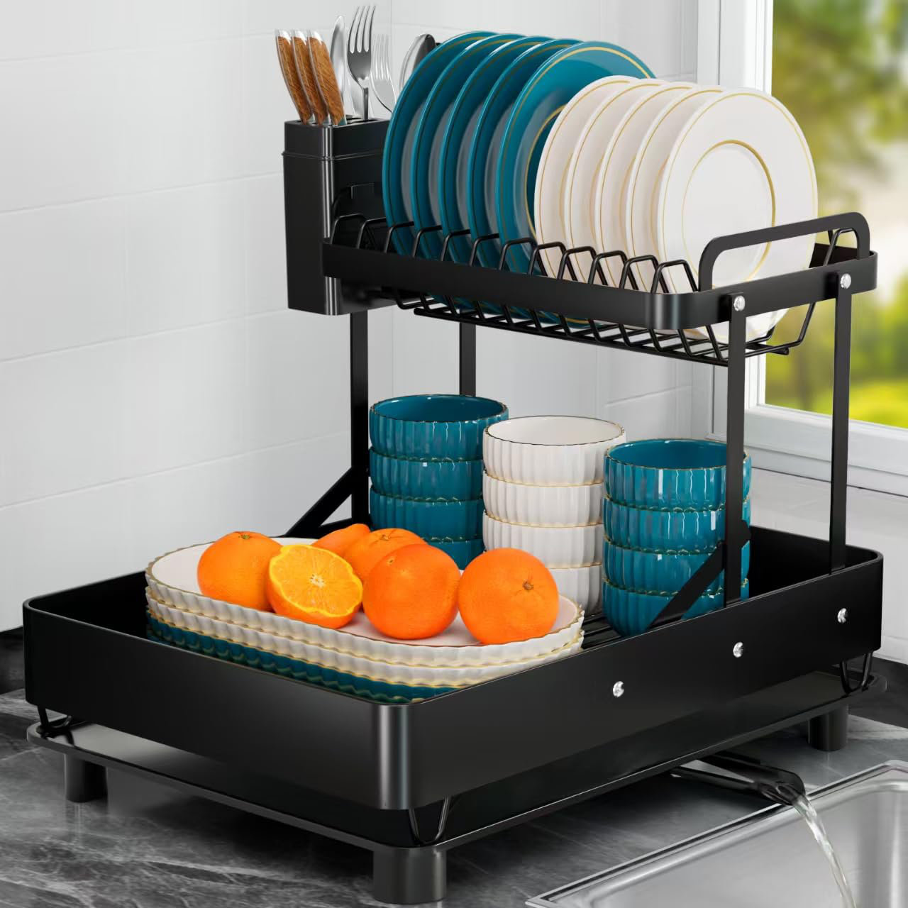 ZINOGI Stainless Steel 2-Tier Foldable Dish Drying Rack with 360