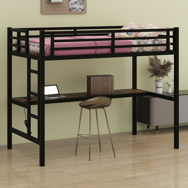 Metal Loft Bed With Power Outlet And LED Lighted, With Desk, Space-Saving