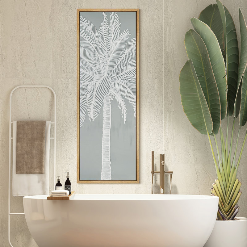White Palm Tree Silhouette on Misty Pale Blue Background - Large Framed Canvas Master Bedroom Wall Art Print, Natural