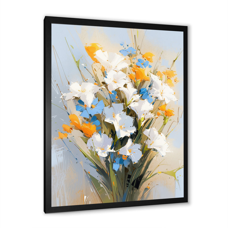 Fleurs bleues et blanches sur fond blanc, Cadre simple noir, H 44 po x l 34 po x P 1,5 po