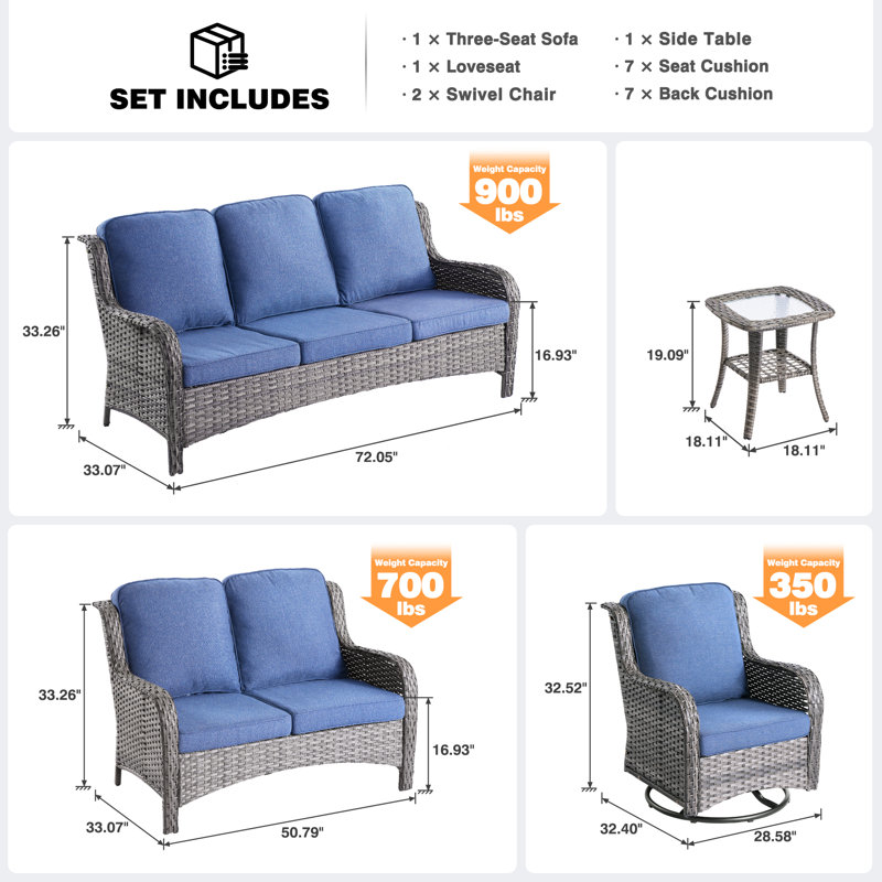 Ilkeston 7 - Person Outdoor Seating Group with Cushions, Blue, Gray
