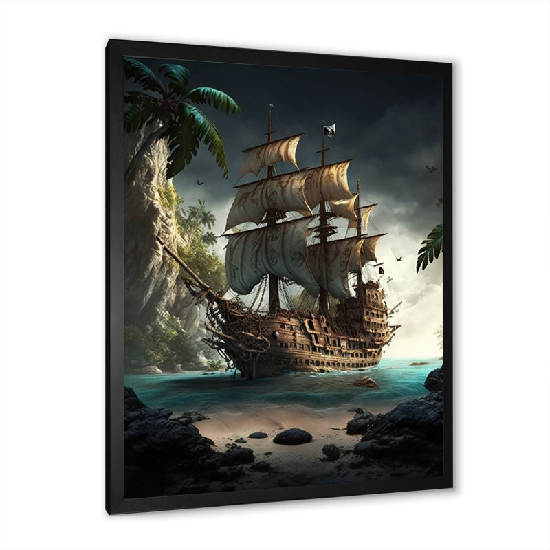 Bateau pirate sur l'océan - reproduction sur toile, Impression noire sur toile encadrée, H 40 po x l 30 po x P 1,5 po